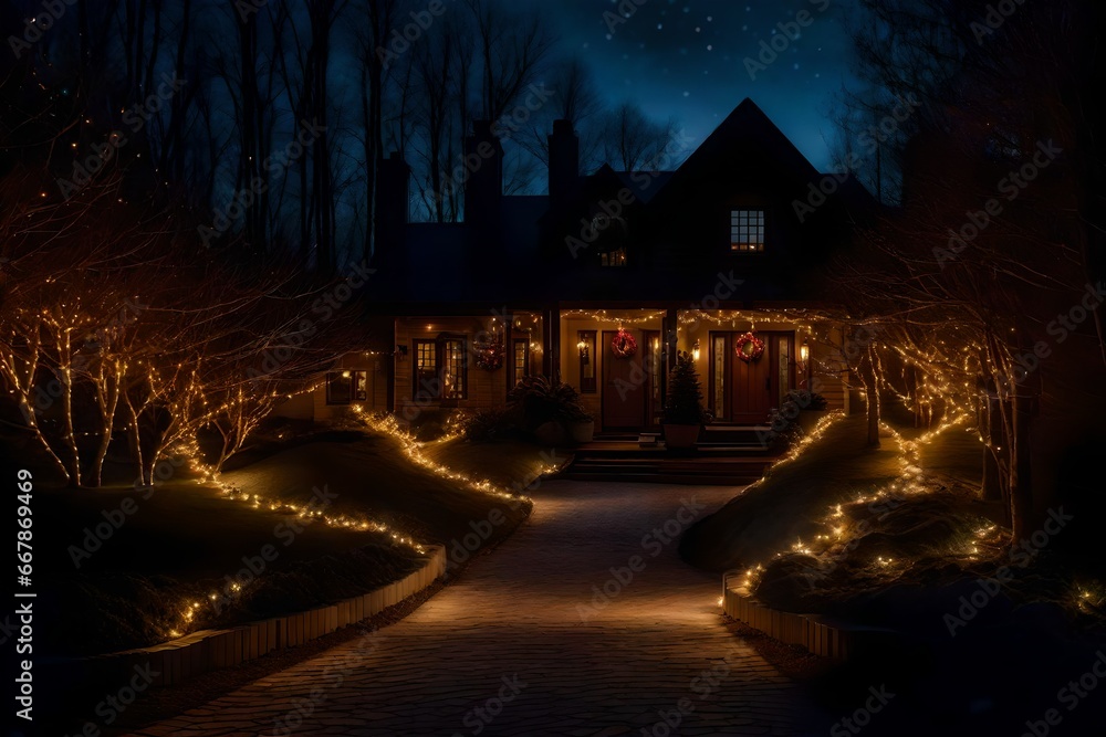 Experience the heartwarming welcome of a house and its pathway adorned with festive decorations, casting a warm and inviting glow, evoking the spirit of the holiday season.