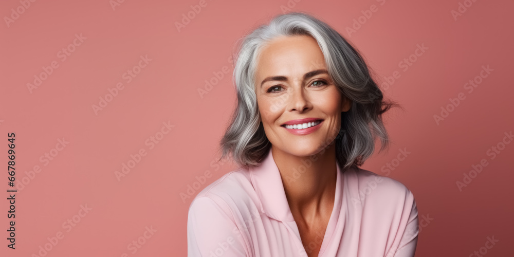 Mature woman with silver hair and healthy nourished skin radiating elegance, flashes a warm smile and epitomizing the art of aging beautifully, pink background copy space for advirtisment cosmetic Mature woman with silver hair and healthy nourished skin radiating elegance, flashes a warm smile and epitomizing the art of aging beautifully, pink background copy space for advirtisment cosmetic