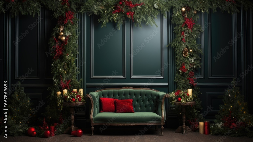 Christmas backdrop adorned with holly and lush fir branches, leaving ample space for text or greetings.