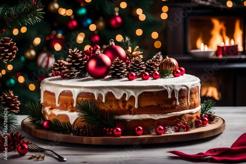 Indulge in a festive delight with a Christmas cake adorned with charming decorations, a delightful treat that captures the joy and merriment of the holiday season.