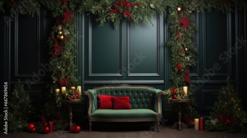 Christmas backdrop adorned with holly and lush fir branches  leaving ample space for text or greetings.