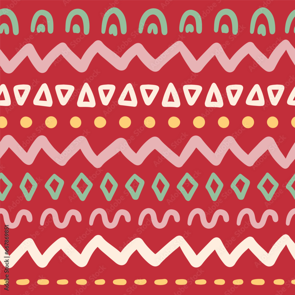 Vector Christmas winter ornament, geometric shapes seamless pattern. Hand painted abstract objects illustration. Cozy cute flat premade wallpaper, wrapping paper, background texture Vector Christmas winter ornament, geometric shapes seamless pattern. Hand painted abstract objects illustration. Cozy cute flat premade wallpaper, wrapping paper, background texture