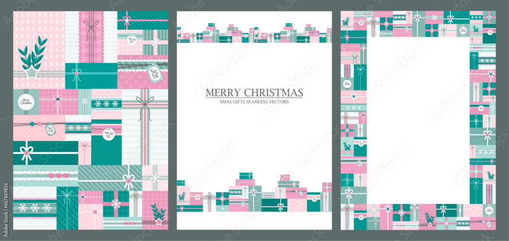 Set of Xmas gifts mosaic template, seamless pattern, border and frame Christmas present and ribbons covers