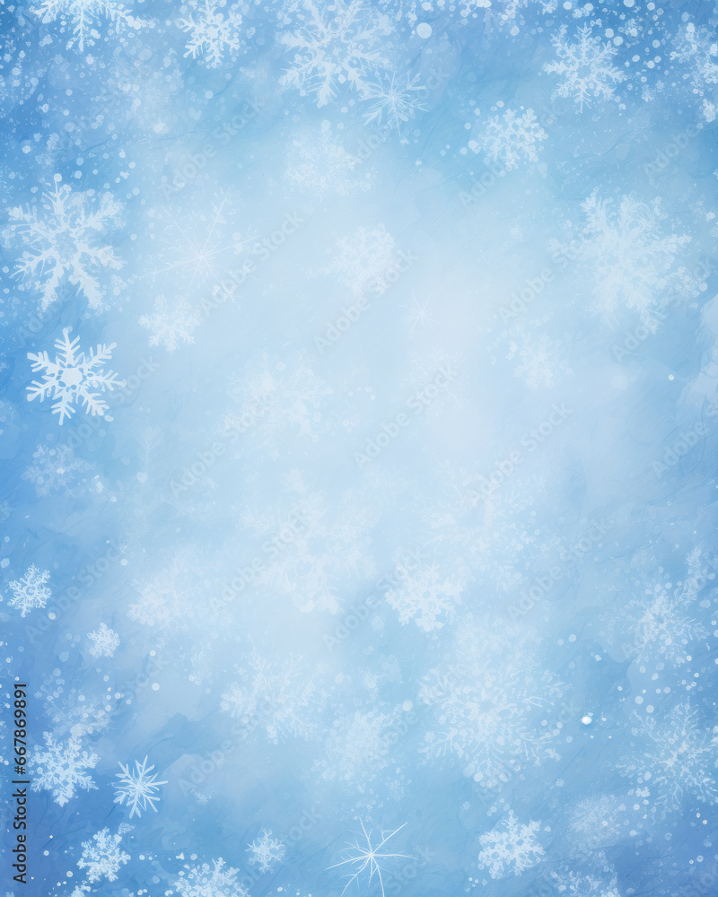 Frosty texture pattern enriches New Year banner, as white snowflakes gently fall over soothing blue background with copy space, creating an ideal festive decor element