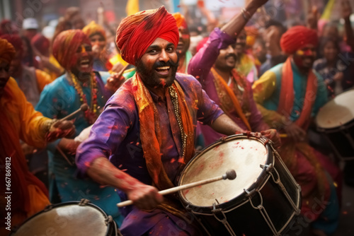 Joyful portrait of Hindu man featuring smiling musician drummer in tradition clothes, covered in vibrant powder, during spirited celebration of Holi festival in India
