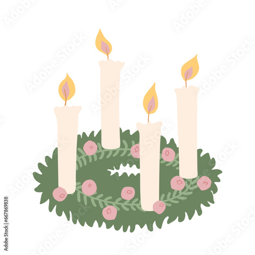 Vector Christmas flat decorations at home illustrations. Hand painted wreath with advent candles. Cozy cute flat icon premade poster composition