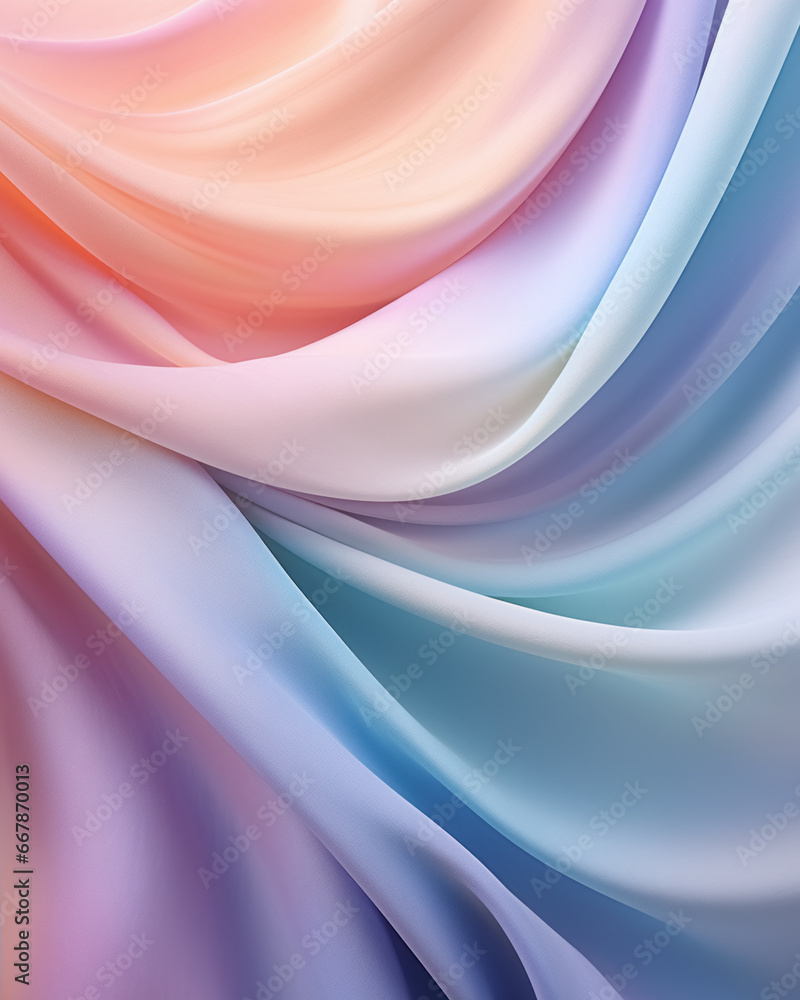 Fototapeta premium Background mock up with satin smooth fabric exhibits lovely wave like texture in pastel hues with copy space for web design, banner, business concept