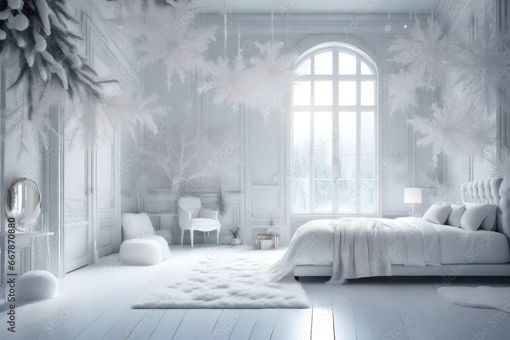 Step into a serene winter wonderland, where a whitethemed room and bed