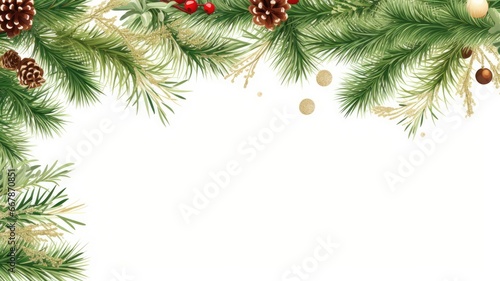 Christmas banner featuring holly and fir elements against a light background, offering abundant space for your custom text.