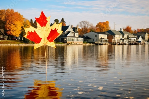 A photo of the city Scugog in Ontario, Canada, with the Canadian maple leaf. Generative AI photo