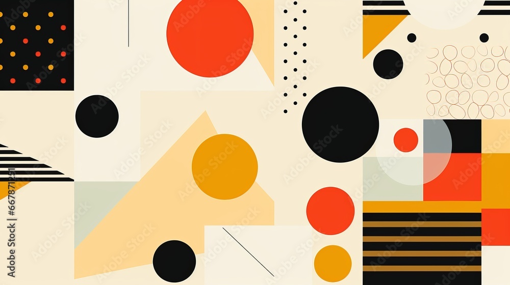 Obraz premium An abstract contemporary backdrop featuring a combination of geometric shapes including squares, circles, triangles, and stripes