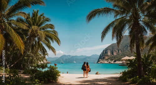 2 women go to the beach. Back view. Palm trees, mountains and bay. Generative AI