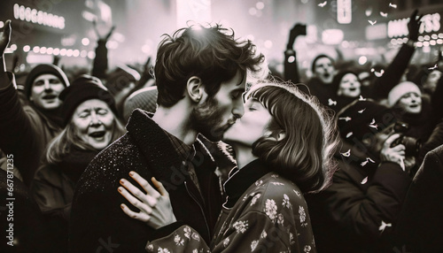 A raw, candid photo of a couple sharing a New Year's Eve kiss amidst a bustling crowd, capturing the genuine emotion and spontaneity of the moment.
