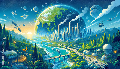 Illustration of a future world where sustainability reigns supreme: dense forests, eco-friendly cities, and oceans teeming with life