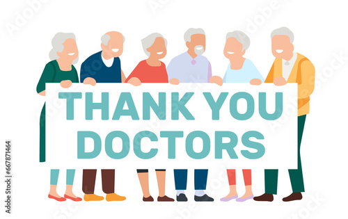 Group of elderly grandparents thank doctors. Appreciation to physicians and nurses. Happy senior men and women. Thankfulness to healthcare workers. Gratitude poster. png concept