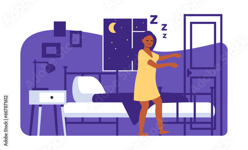 Woman walking in her sleep at night. Sleepwalker in home bedroom. Somnambulist girl in pajama. Sleepwalking disorder. Dreaming female. Insomnia disease. png somnambulism concept