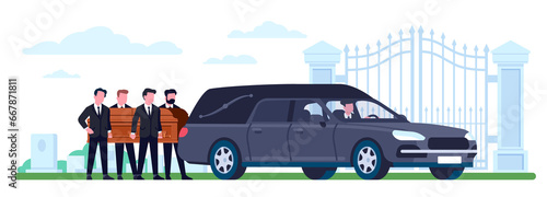 Fotografie Funeral ritual black hearse car at cemetery