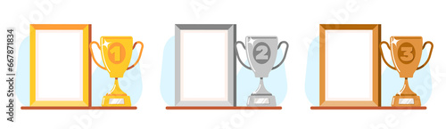 Winning awards. Gold, silver and bronze cups and photo frame with wooden frame. Winners diploma or certificate pages. Victory ceremony prizes. Competition trophy. png rewards set