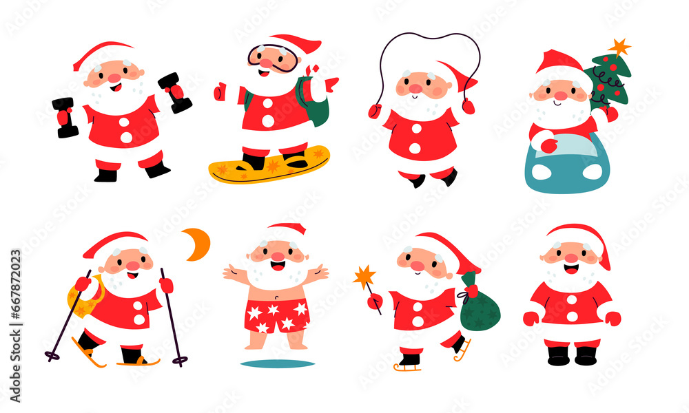Sporting Santa Claus. Xmas character in different poses. Senior man. Cute athlete snowboarding and skiing. Winter training. Dumbbells and ice-hole. Outdoor exercises. Garish png set