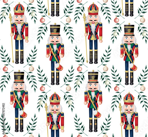 Nutcracker, branch and Christmas ball seamless pattern. Merry Christmas, New Year wallpaper.