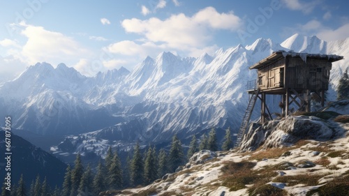 a high seat nestled in a serene hunting area  offering an unobstructed panorama of the snow-capped Alps  capturing the beauty of the wilderness.