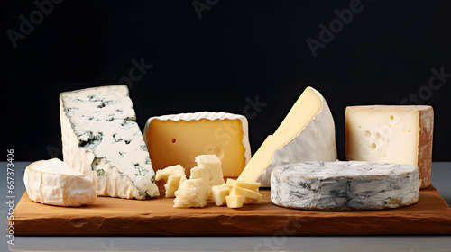 tabla de quesos franceses cortados con uvas y vino photo