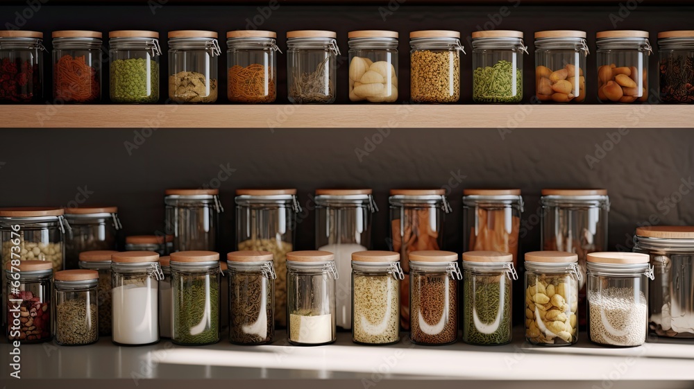 a set of glass jars neatly arranged, each filled with vibrant spices, capturing the essence of contemporary culinary aesthetics. a set of glass jars neatly arranged, each filled with vibrant spices, capturing the essence of contemporary culinary aesthetics.