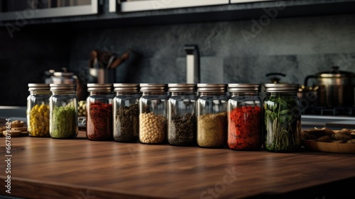 a set of glass jars neatly arranged, each filled with vibrant spices, capturing the essence of contemporary culinary aesthetics.