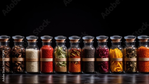 a set of glass jars neatly arranged, each filled with vibrant spices, capturing the essence of contemporary culinary aesthetics.