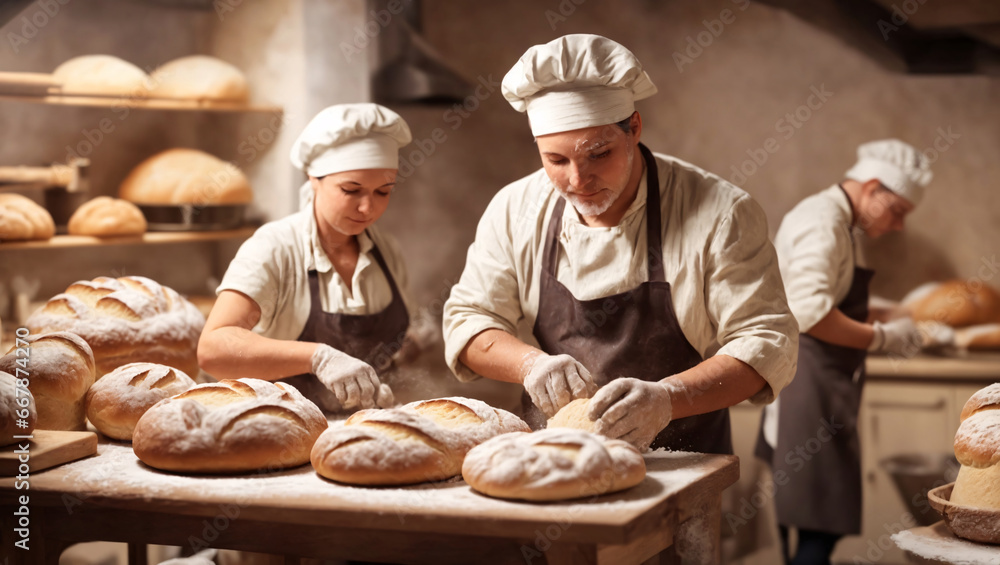 Industrial bakers produce bread in large volumes, and they often use automated processes to do this. In the bakery shop, highly qualified chefs competently prepare dough for further baking of bread Industrial bakers produce bread in large volumes, and they often use automated processes to do this. In the bakery shop, highly qualified chefs competently prepare dough for further baking of bread