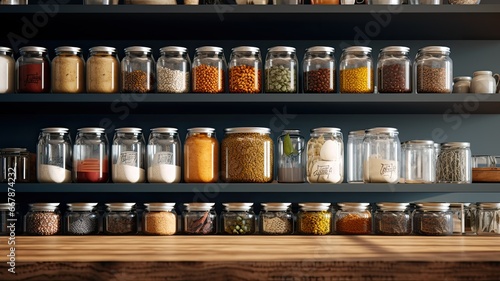 Fototapeta Naklejka Na Ścianę i Meble -  a set of glass jars neatly arranged, each filled with vibrant spices, capturing the essence of contemporary culinary aesthetics.