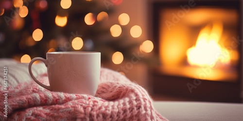 Wallpaper Mural Woven Blanket, Featuring a Hot Steaming Mug of Tea in Front of a Christmas Tree and an Open Fireplace with Crackling Fire, Creating a Cozy Winter Retreat Filled with the Warmth of the Holiday Season Torontodigital.ca