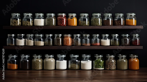 a set of glass jars neatly arranged  each filled with vibrant spices  capturing the essence of contemporary culinary aesthetics.