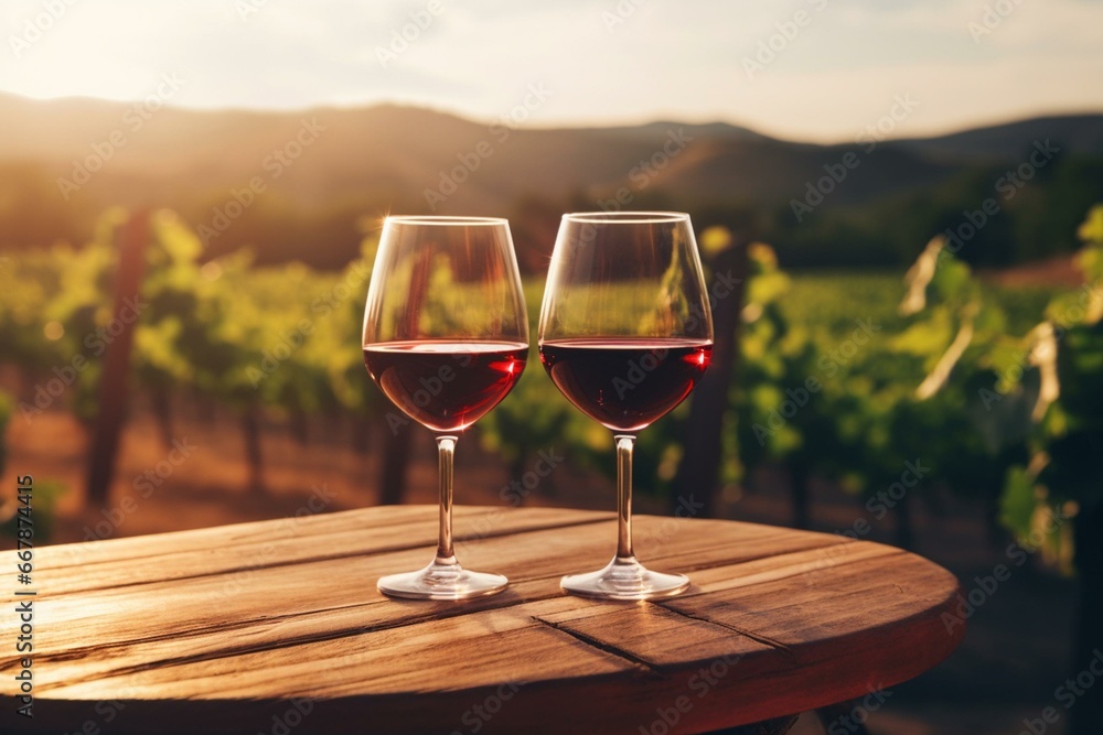 Two glasses of red wine on a wooden table in a vineyard. Generative AI