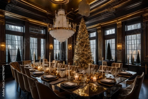 Experience the grandeur of a royal dining table adorned for Christmas, set beside a resplendent golden Christmas tree, creating an opulent and festive holiday atmosphere.