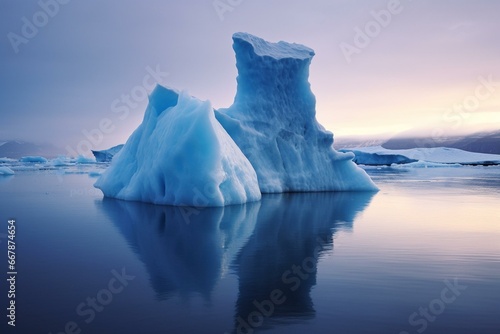 Early morning blue iceberg on frozen lake. Generative AI