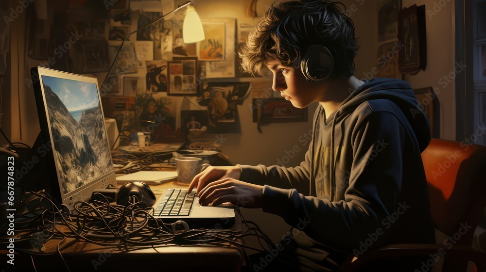 Young boy playing computer in his room created with Generative AI Young boy playing computer in his room created with Generative AI
