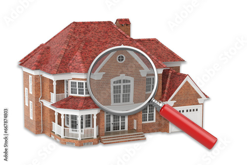 Real estate concept house isolated on png isolated background. magnifying glass and house concept. Modern family home under a magnifying, 3d illustration