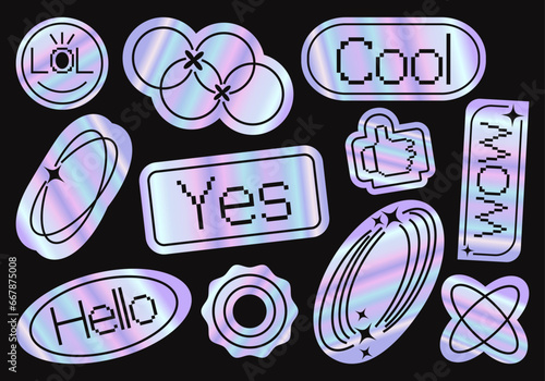 Set of holographic retro futuristic stickers. Design circle stars flowers shapes lines square. Vector illustration iridescent foil adhesive film with symbols, objects in y2k style. Cool, Hello, Yes