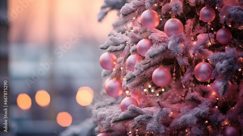 Pinkmas concept. Pink Christmas tree branches decorated with ornaments in pink color. Merry Xmas, Happy New Year 2024 in trendy colors. Vibrant colorful background for cards, invitations, greetings. photo