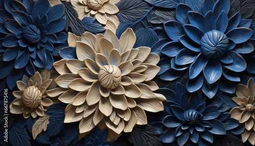 Textured Blooms, Navy Blue and Gold Impasto Painting