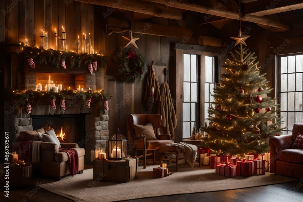 A cozy fireplace adorned with candles, alongside a beautifully decorated Christmas tree, creating a warm and inviting setting for holiday gatherings and celebrations.