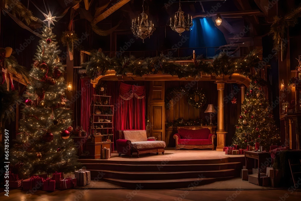 A vast and opulent hall elegantly decorated for Christmas, featuring a breathtaking display of multiple Christmas trees that transform the space into a festive wonderland.