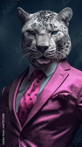 Panther dressed in an elegant pink suit with a nice tie. Fashion portrait of an anthropomorphic animal, feline, posing with a charismatic human attitude