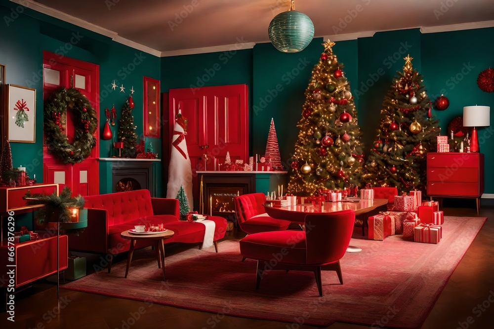 Obraz premium A room adorned with vibrant red and green Christmas decorations and a beautifully decorated tree, radiating the joyful spirit of the holiday season.