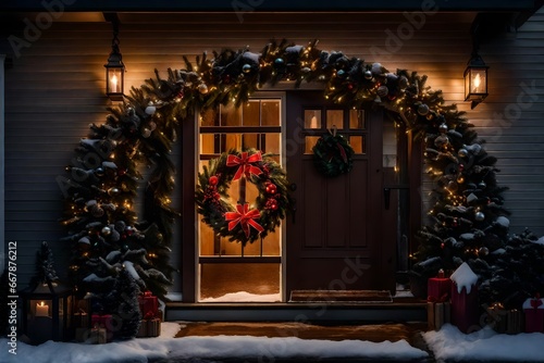 The exterior door of the house beautifully decorated for Christmas, featuring a welcoming Christmas wreath that sets a festive and inviting tone.