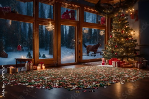 A festive room featuring a Christmas tree, wrapped presents, and a playful puzzle, radiating the holiday spirit and joyful togetherness.