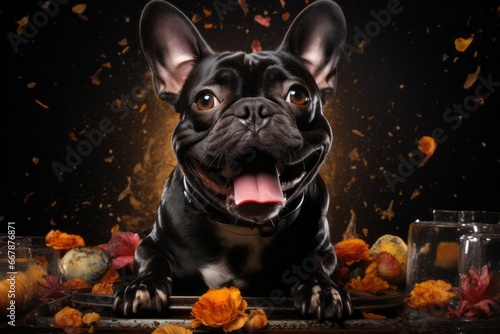 French bulldog with a lot of food around him © Mike
