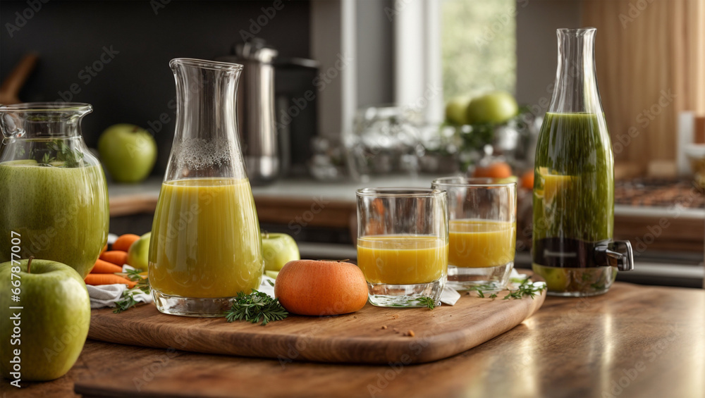 Fresh juice from apple and carrots in the kitchen Fresh juice from apple and carrots in the kitchen