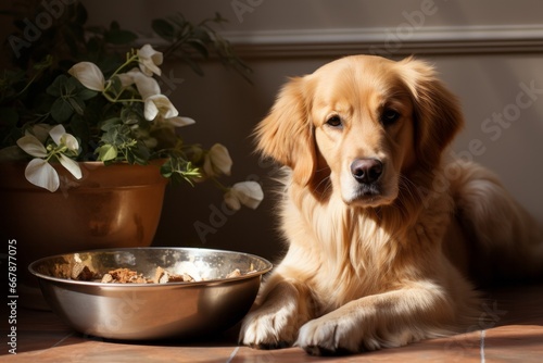 Golden retriever at his food bowl